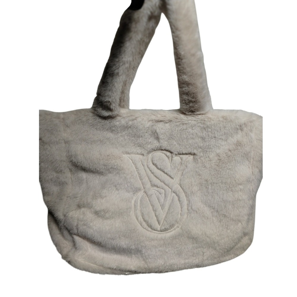 Victoria's Secret Faux‎ Fur Tote Bag Cream Logo Plush Winter Shoulder Bag NWT